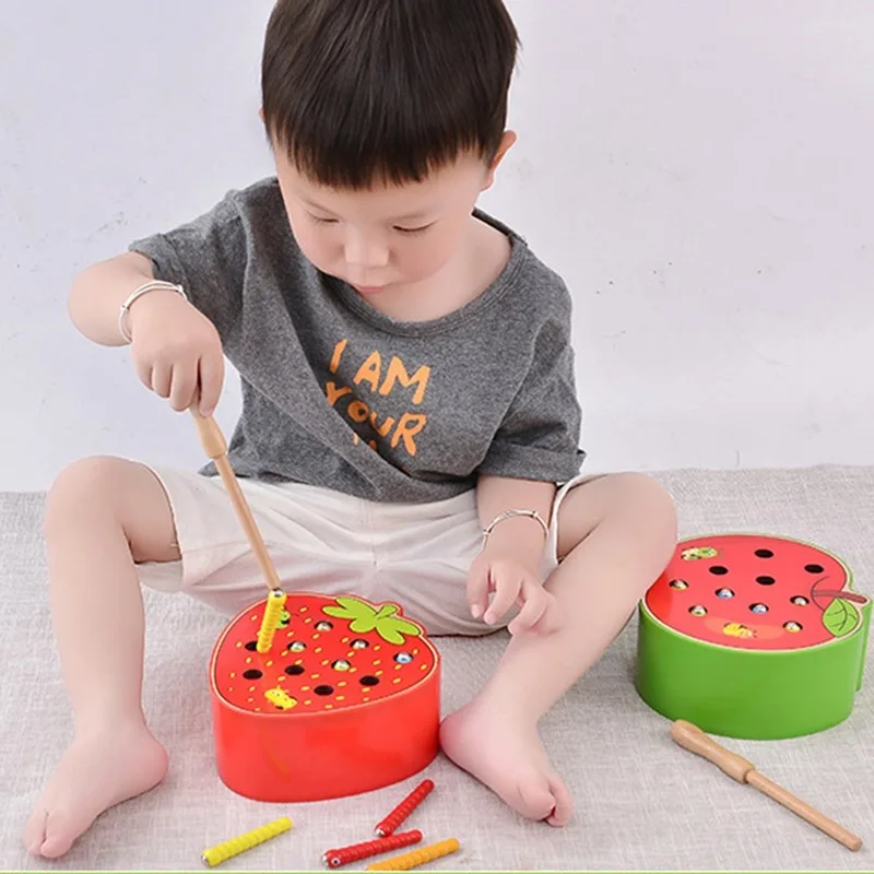 3D Puzzle Wooden Toys Baby Early Childhood Educational Toys Catch Worm Game Color Cognitive Strawberry Grasping Ability funny