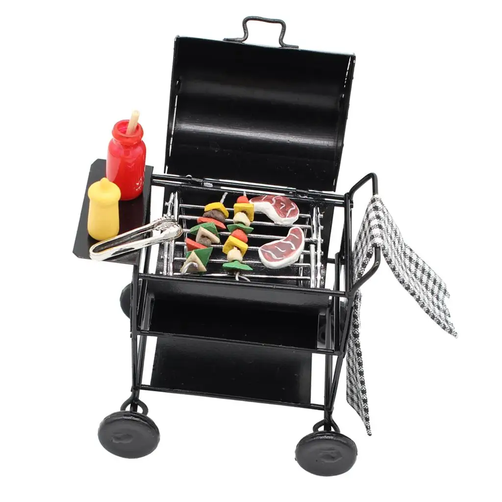 Forno Churrasco Miniatura com Modelo Alimentar, Utensílios de Cozinha, Dollhouse, 12