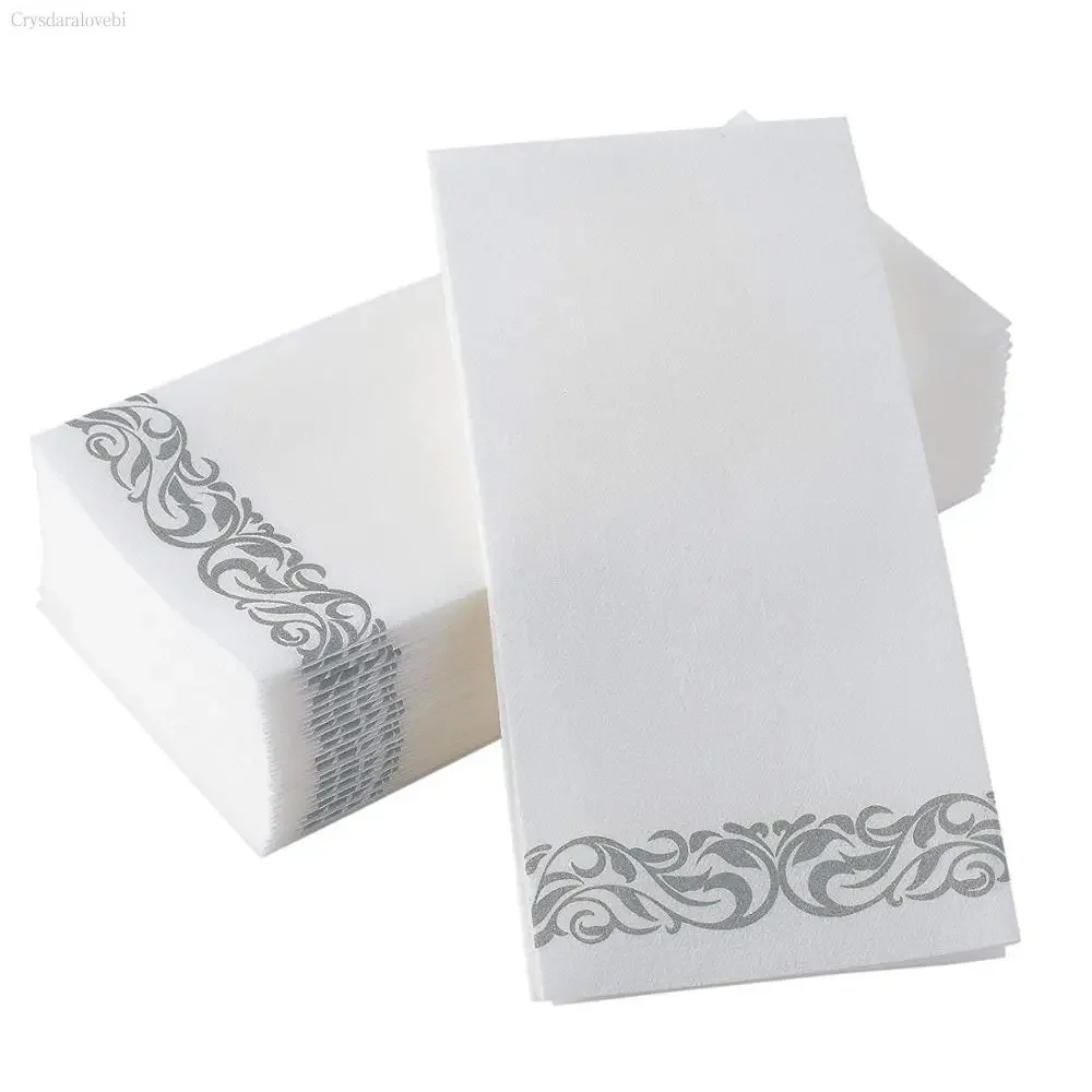 Disposable Linen-Feel Guest Towels - Decorative White Hand Towels, Silver Floral Cloth-Like Paper Napkins