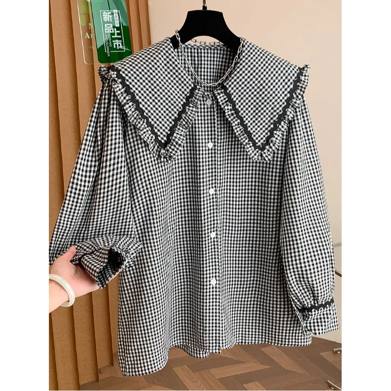 

Women's Plaid Shirt Spring Autumn 2026 New Retro Design Doll Collar Long Sleeve Top Breathable Comfortable Pure Cotton Loose Fit
