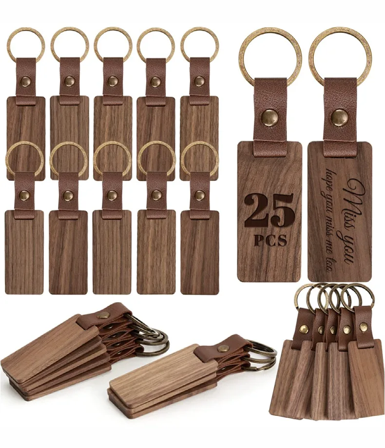 25pcs Wood Keychain Blanks with Leather Straps, Blank Leather Keychains for Engraving for DIY Key Tags Wood Crafts Gift