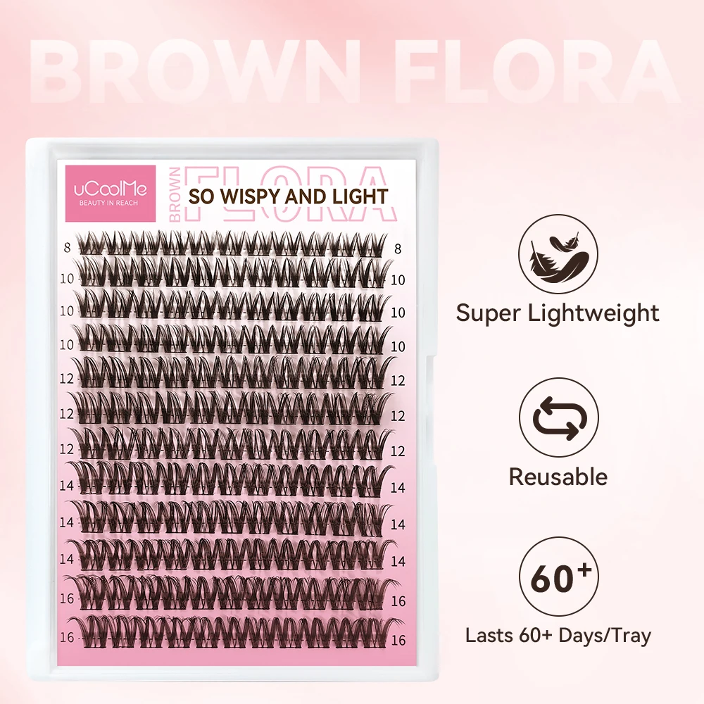 uCoolMe Eye Lashes Brown Flora D Curl Natural Wispy and Light Segmented Lash Cluster for Home Makeup Use False Lashes Extension