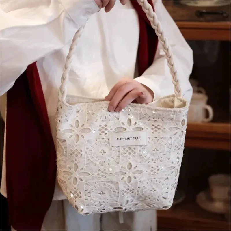 

Fashion White Sequined Canvas Bag Women Lace Large Capacity Niche Shoulder Bags Ladies Stylish Versatile Hollow Out Handbag 2025