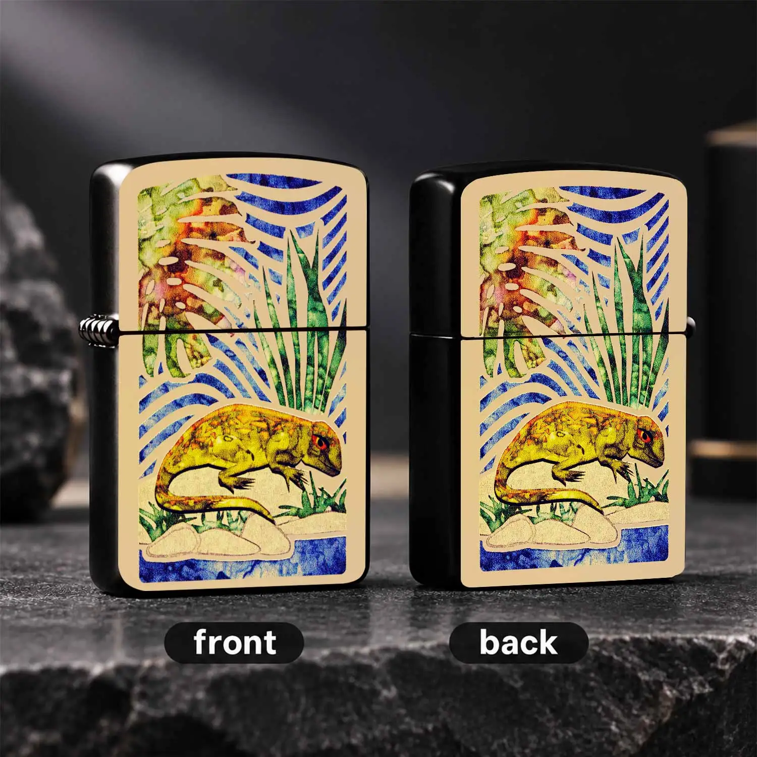Vintage Tropical Lizard Art Print Lighter, Exotic Hand-Painted Jungle Aesthetic Portable Igniter, Stylish All-Scene Daily Use Accessory, Unique Artistic Decorative Item For Camping Travel Gifting, Eye-Catching Retro Tro A Humorous And Inter