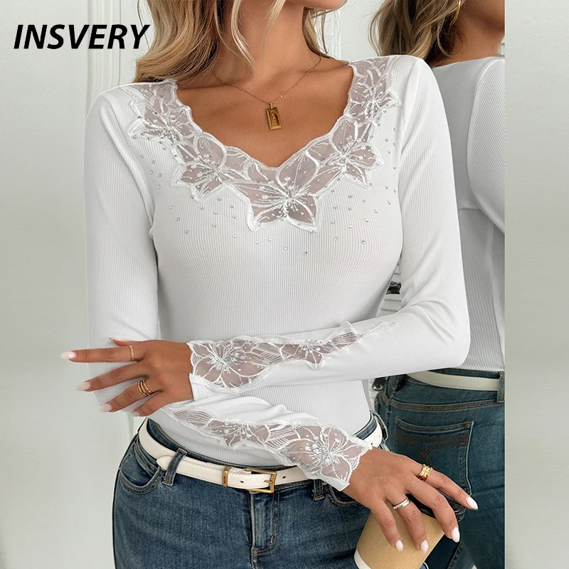 

Women Sexy V Neck Shirt Women Elegant Lace Tops Female Fashion Long Sleeve Shirts For Women Slim T-Shirts