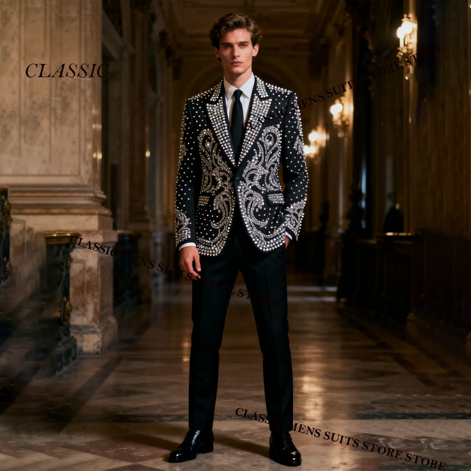 

Мужской костюм по индивидуальному заказу, комплект из 2 предметов, мужские пиджаки для жениха, роскошные свадебные смокинги со стразами и бисером, с остроконечными лацканами, Ropa hombre