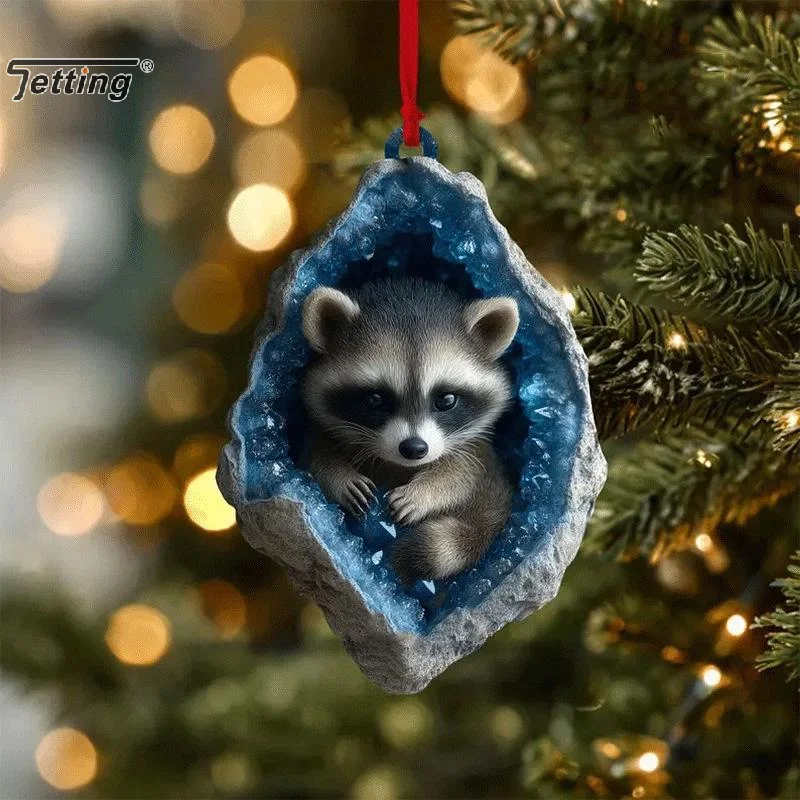2D Flat Acrylic Cute Cartoon Animal Rabbit Owl Raccoon Pendant Christmas Tree Hanging Ornaments Home Decor