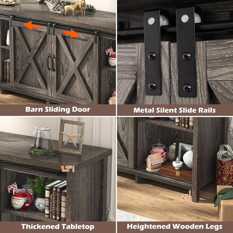 حامل تلفزيون المزرعة لتلفزيون 80 بوصة مع باب الحظيرة المنزلق ومركز الترفيه الخشبي الريفي وخزانة وحدة تحكم الوسائط الكبيرة وخزانة طويلة #5