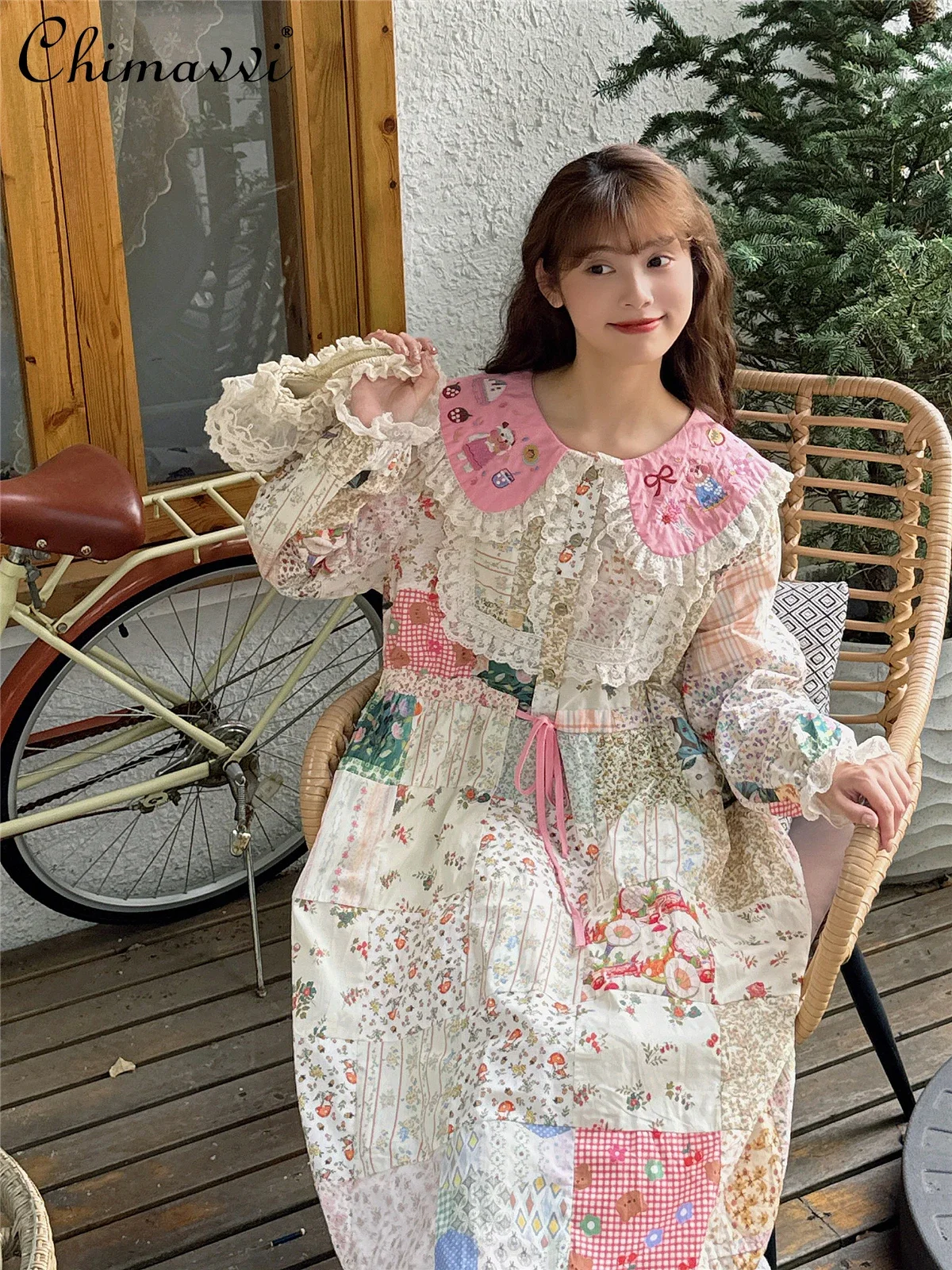 Mori Sweet Girl Pink Embroidered Doll Collar Patchwork Dress Autumn New Pastoral Style Floral Vintage Heavy Long Dresses Women