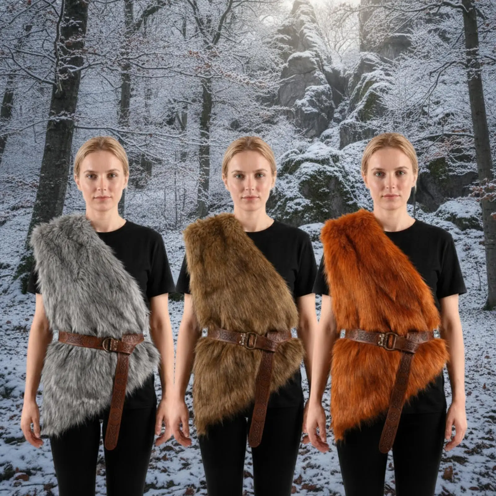 Faux Pile Vest with Belt Viking-Inspired Cosplay Vest One-Shoulder Wrap Asymmetrical Costume Layer Embossed for Cosplayers