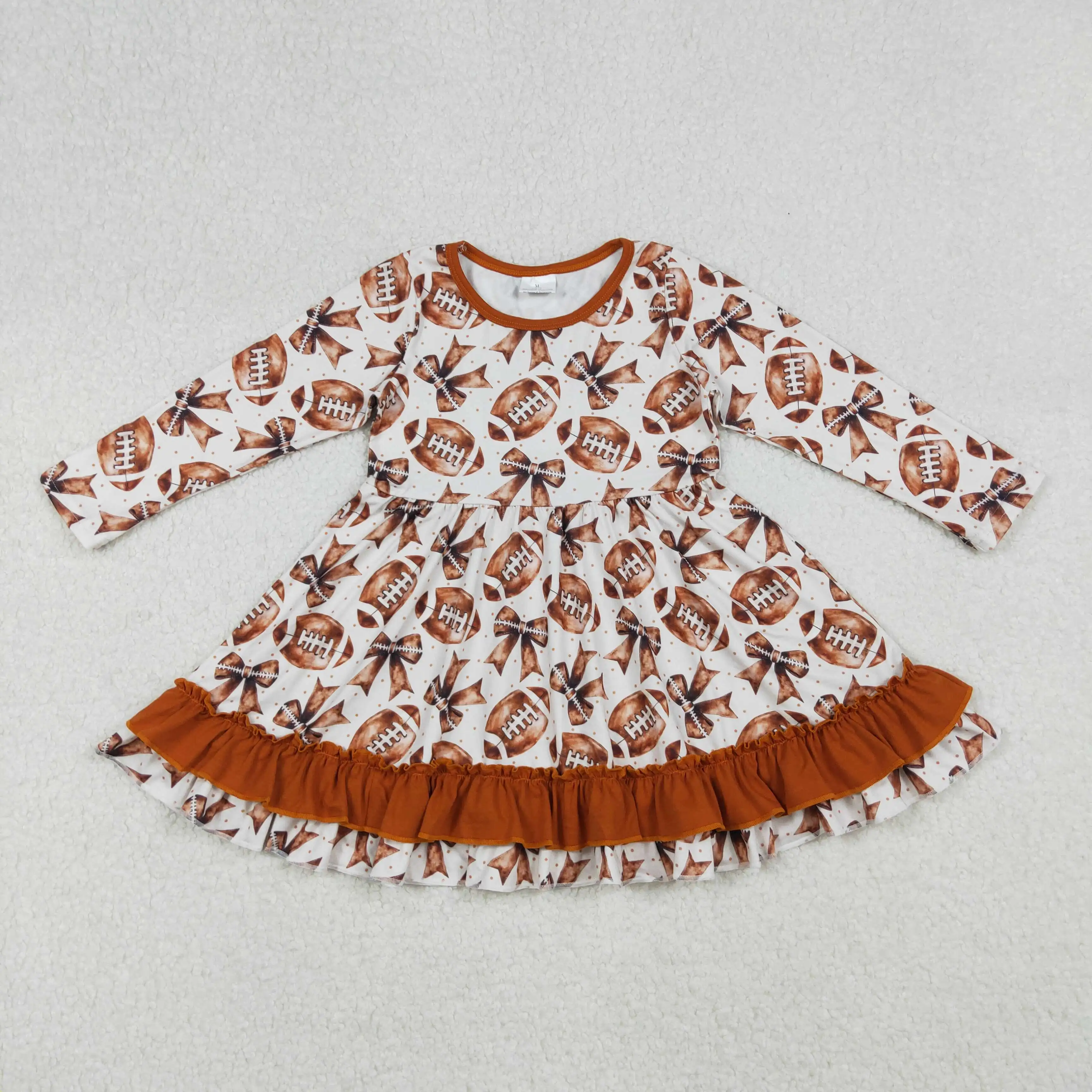 

X9.27 High Quality Football Bows Print Long Sleeve Dress for Girls Children Fall Western Clothes Wholesale