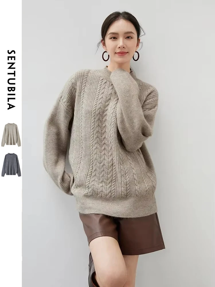 SENTUBILA Women Oversized Sweater Loose Pullovers 2024 Winter Warm Knitwear Long Sleeve Cable Knit Top Female Jumpers W44E57203