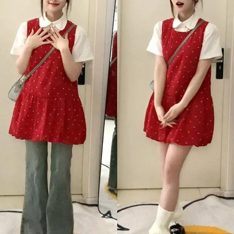 Sweet Polka Dot Sleeveless A-Line Dress Retro Red Beautiful Unique Style Small Size Casual Style Four Seasons Women's Dress