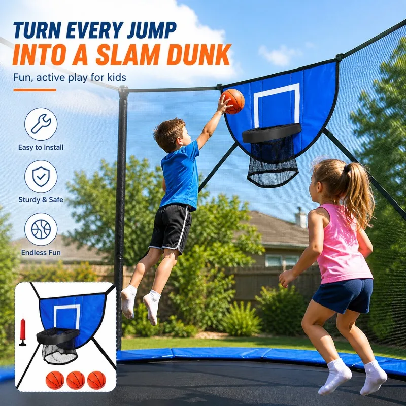 Basketball Hoop for Trampoline Soft Attachment with 3 Balls and Pump Universal Outdoor Trampoline Accessories for Kids Children