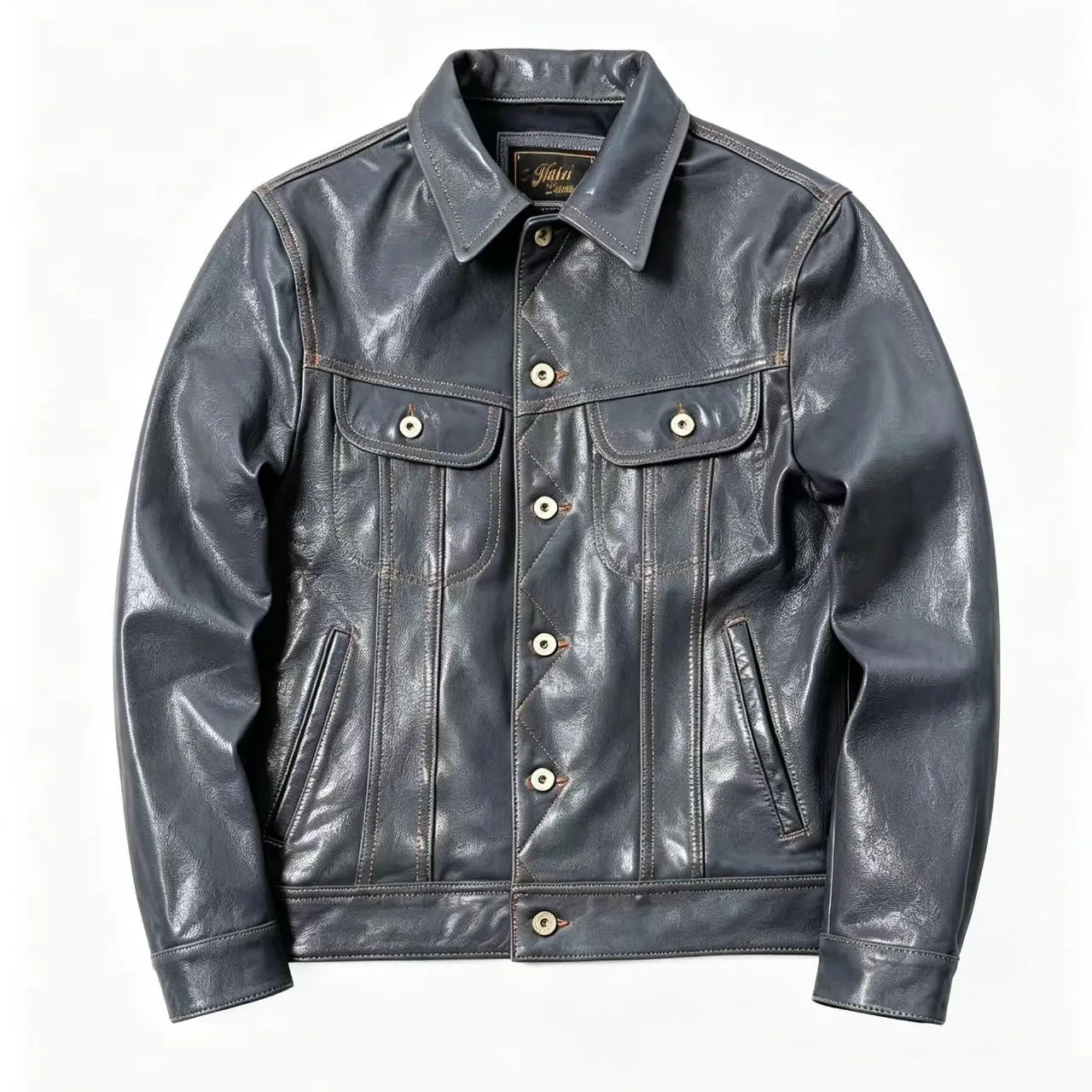 Men's Genuine Goatskin Leather Trucker Jacket Gray Type III Style Button Front Contrast Stitching Western Denim Cut Work Coat