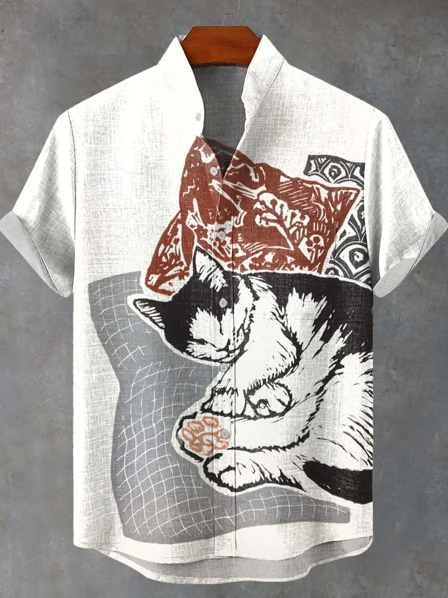 Men's Summer Japanese Style Art Cat Pattern Print men's Retro Linen Short Sleeved Shirt Casual Simple Button Top camisa hombre