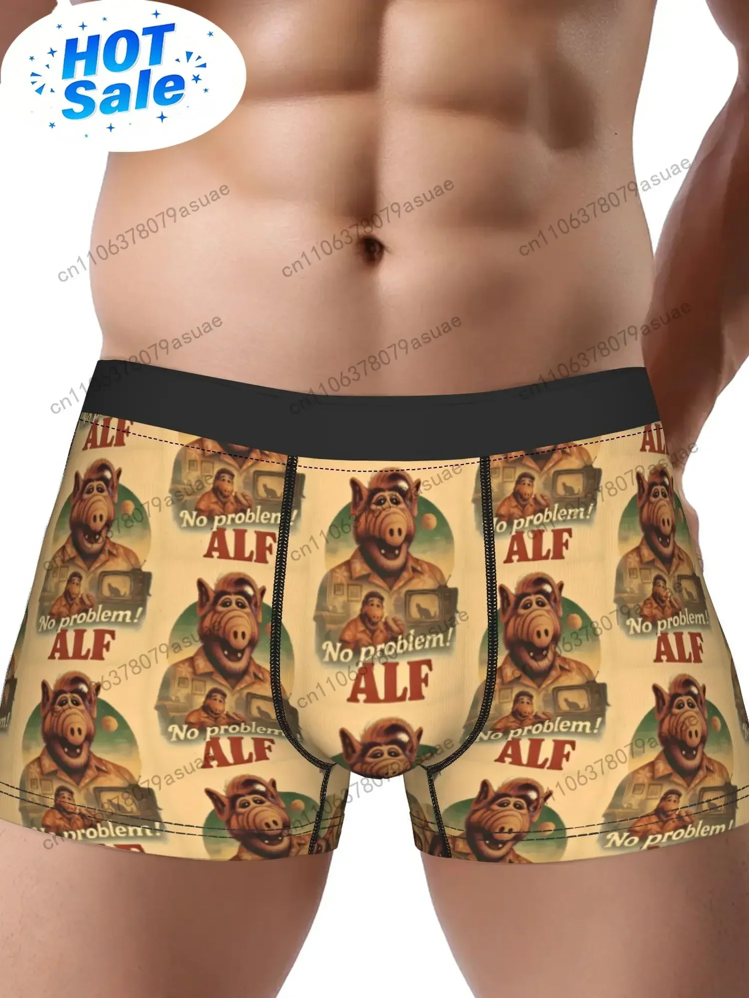 Men's Funny Alf TV Show Inspired Boxer Briefs - Retro 80s Cartoon Underwear with Alf Character Print Comfortable Mid-St Black