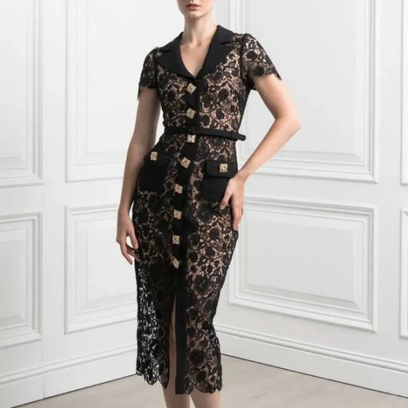 Luxury Design Black Lace Dress for Women Golden Button Notched Neck Summer Holiday Dresses Lady Evening Party Hollow Vestidos