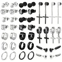 Simple Stainless Steel Zircon Stud Earrings For Men, Cross Pendant Hoop Earrings For Daily Wear