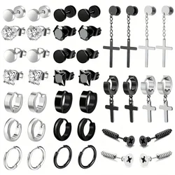 Simple Stainless Steel Zircon Stud Earrings For Men, Cross Pendant Hoop Earrings For Daily Wear