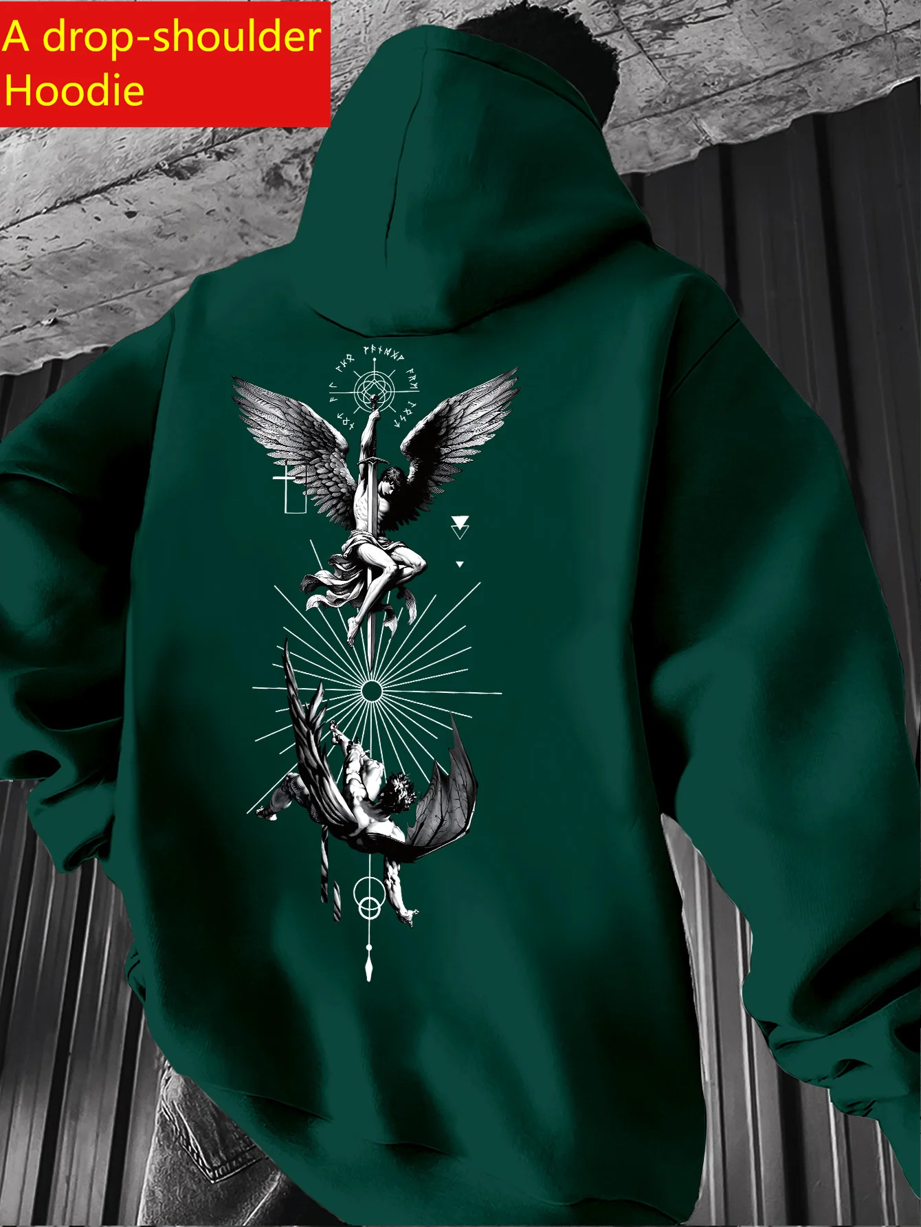 Men's Drop Shoulder Hoodie Gothic Angel Tarot Print Stretch Knit Polyester Machine Washable Casual Streetwear Long Sleeve Top