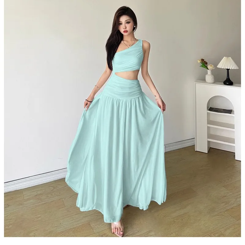 Aangepaste sexy uitgeholde schuine schouderjurk vrouwelijke buikdanskostuum geplooide taille cinching lange rok dameskleding