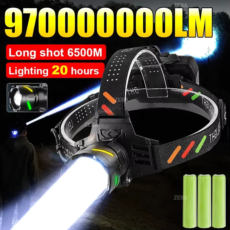 97000000LM Most Powerful LED Headlamp Head Flashlight Ultra Bright 6500M Head Torch Rechargeable Fishing Hunting Headlight 18650