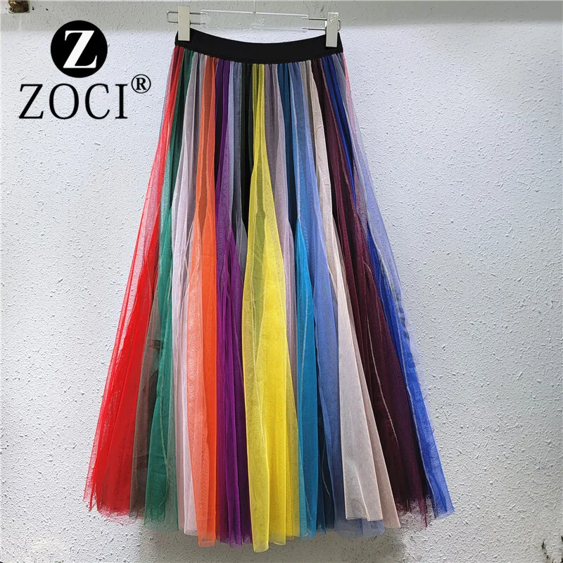 [zoci] Niche Design, Fashionable Rainbow Gradient Splicing, Super Beautiful Seven Color Mesh, Big Swing Pleated Skirt, Half