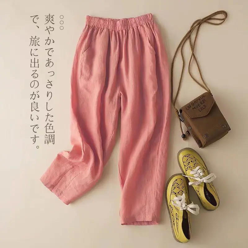

Cotton Linen Solid Color Cropped Pants Women Summer Simplicity Office Lady Appear Thin Wide Leg Fashion All-match Casual Pants