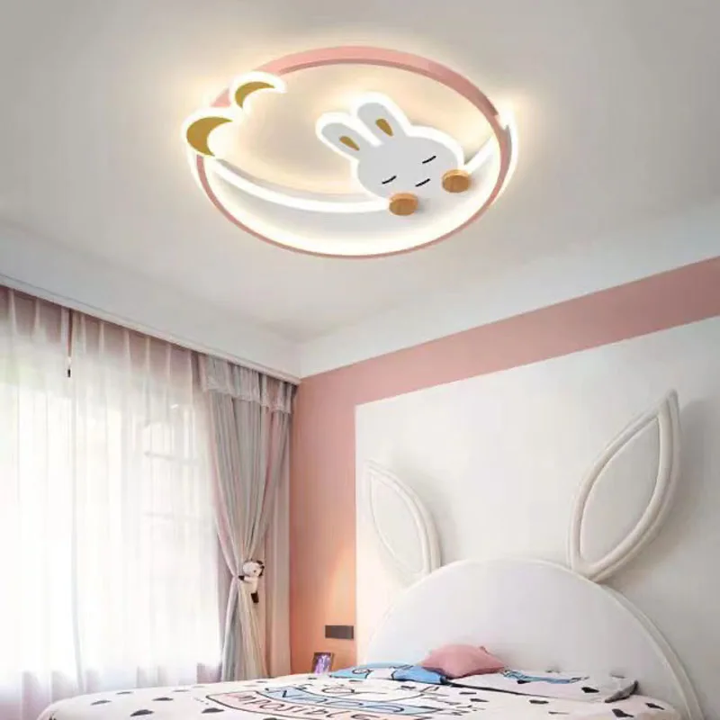 Cartoon rabbit moon chandeliers kids room ceiling lamp pink pretty babys girls room light ceiling люстра потолочная led plafon