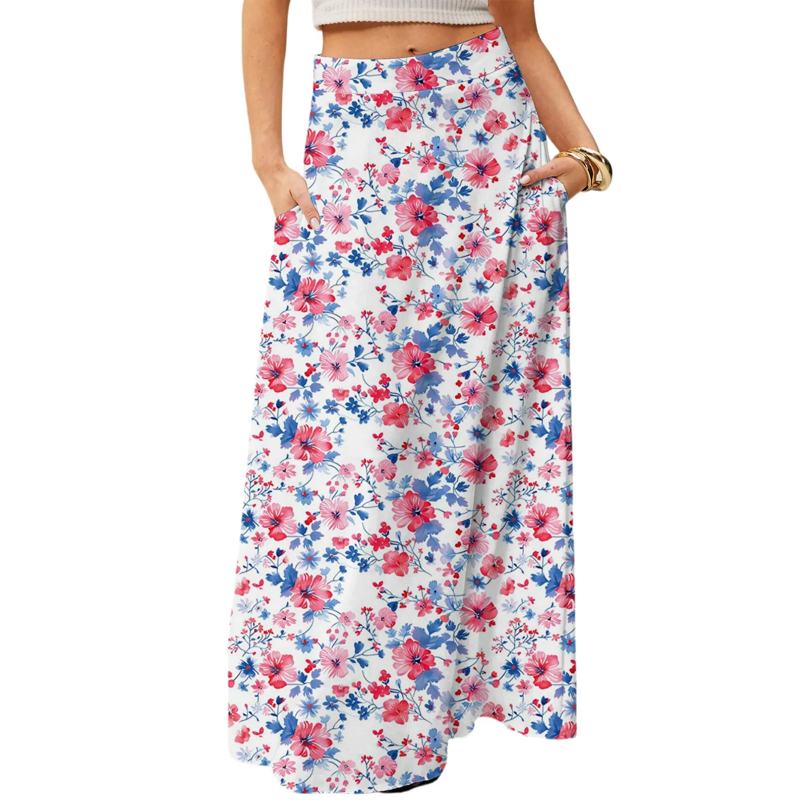 

Women'S Casual Flower Print Maxi Skirt Cotton Linen Material Breathable With Pockets Skirt Famale Retro Country Style Skirts
