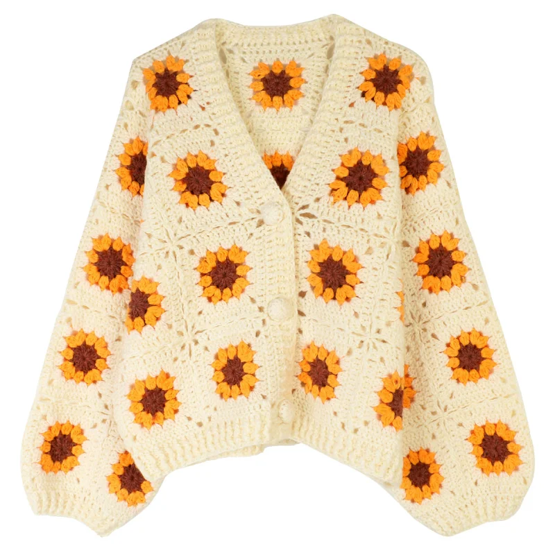 

New 2025 Autumn Winter Hot Sale Cardigans High Quality Crochet Knitting Flower Patterns Long Sleeve Casual Sweater Cardigans