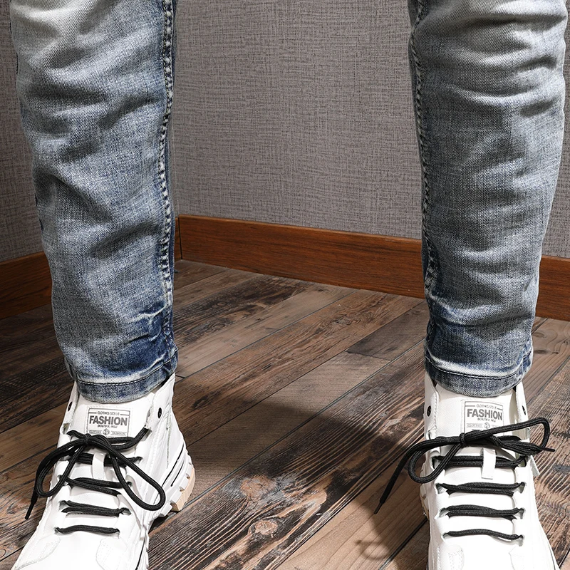 Newly Designer Fashion Men Jeans Retro Blue Washed Elastic Slim Fit Ripped Jeans Men Stretch Trousers Vintage Denim Pants Hombre