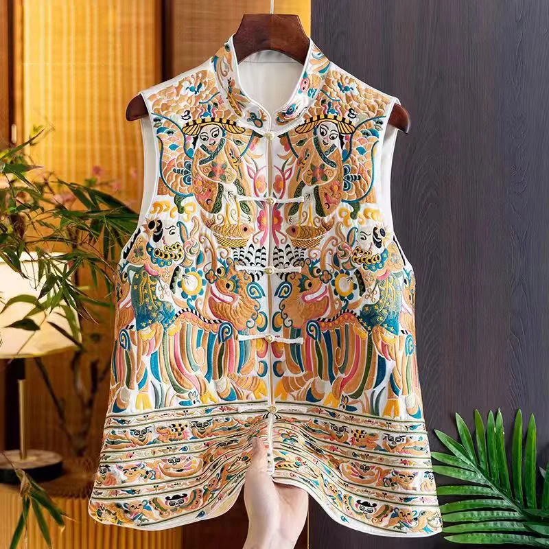 

Embroidered Chinese Style Acetate Vest Women Spring 2024 Luxury Retro O-Neck Beading Single Breasted Sleeveless Top S-XXL