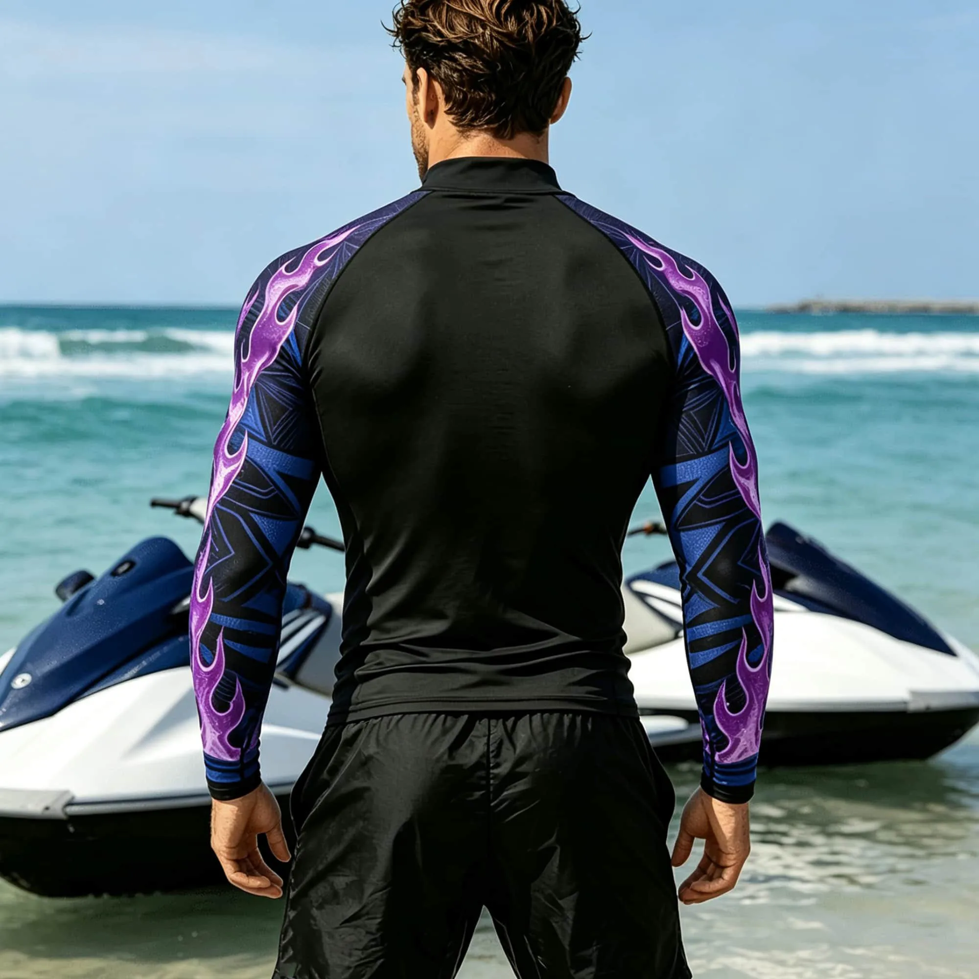 Eye‑Catching Purple Flame Sleeve Men Long Sleeve Swim Shirt Quick Dry Surfing Water Sports Long Sleeve T Shirt Wear