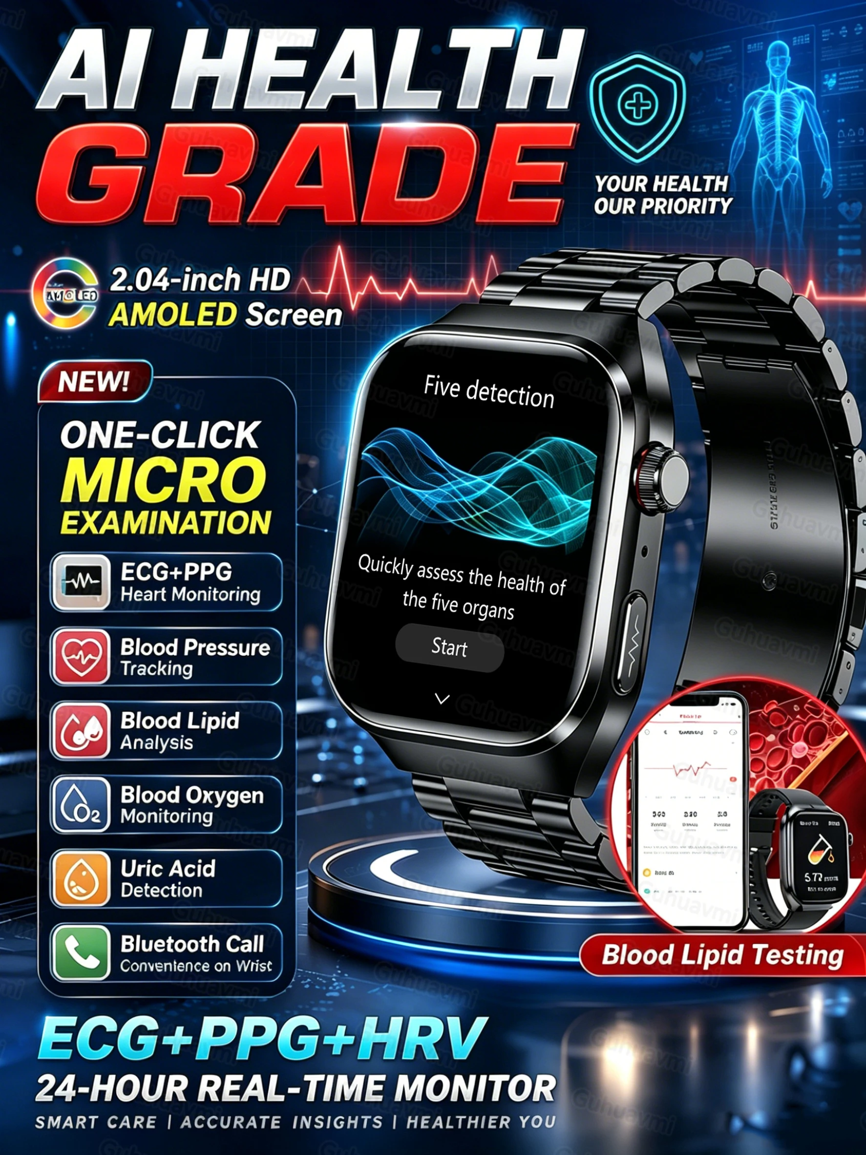 Präzise Gesundheitsüberwachung EKG-Smartwatch 2,04'' AMOLED für Männer und Frauen Outdoor-Training Blutdruck-, Lipid- und Harnsäure-Tracking Sprachsteuerung IP68-Schutzklasse für Männer und Frauen