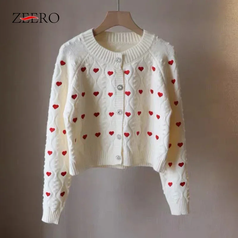 Autumn Winter Retro White Heart-shaped Embroidery Pattern Soft and Lazy Knitted Cardigan Sweater Jacket Women Black Sweater Tops