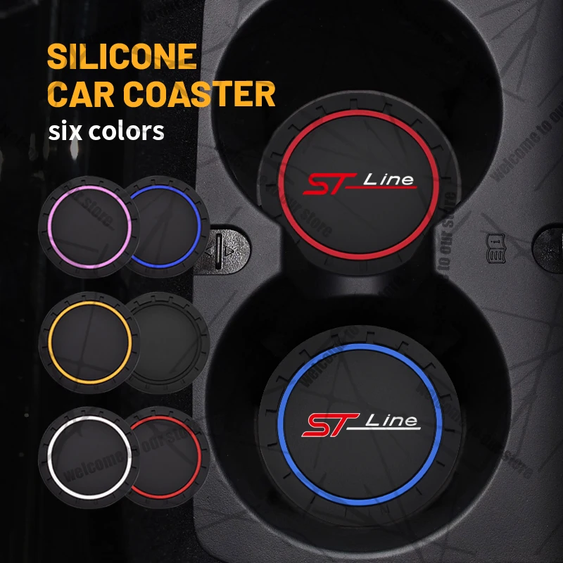 2 pçs/1 conjunto para ford st linha emblema foco C-MAX kuga puma borda porta-copos de carro à prova dwaterproof água antiderrapante tapete de borracha copo de água slot decorar