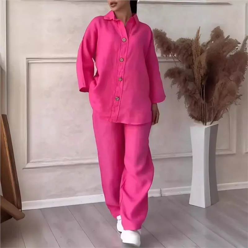 Primavera e autunno nuove donne 2 pezzi Set cotone canapa colletto manica lunga bottone aperto camicia allentata Top Set pantaloni larghi a vita alta