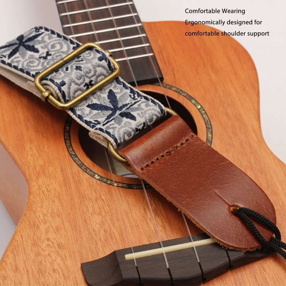 Embroidered Ukulele Strap ​Nylon & Leather ​Adjustable Length​ ​Ukulele Shoulder Strap​ ​National Style Print​