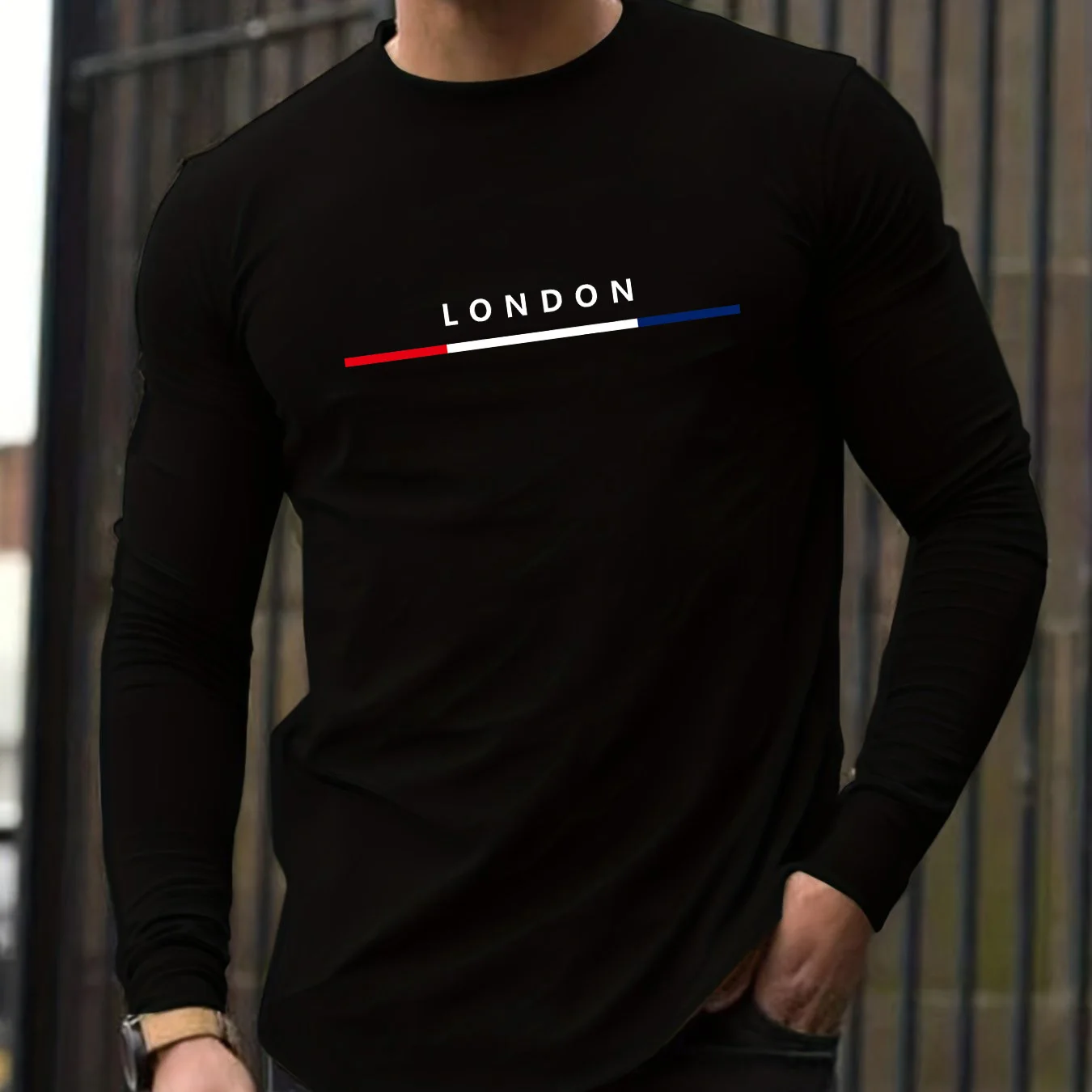 100 cotton men's long sleeved round neck loose classic London pattern printed autumn and winter casual versatile T-shirt top