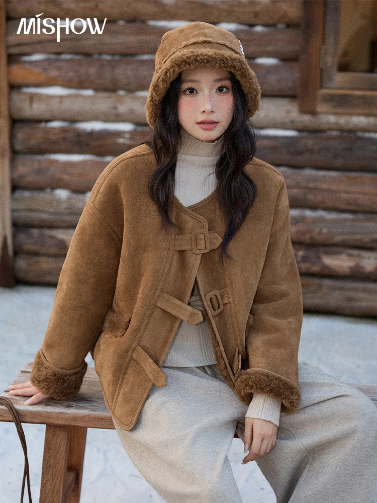 MISHOW Women's Warm Jacket 2025 Retro Luxury Brown Round Neck Long Sleeve Coat Commuting Windproof Loose Coat Woman  MXE90W0994