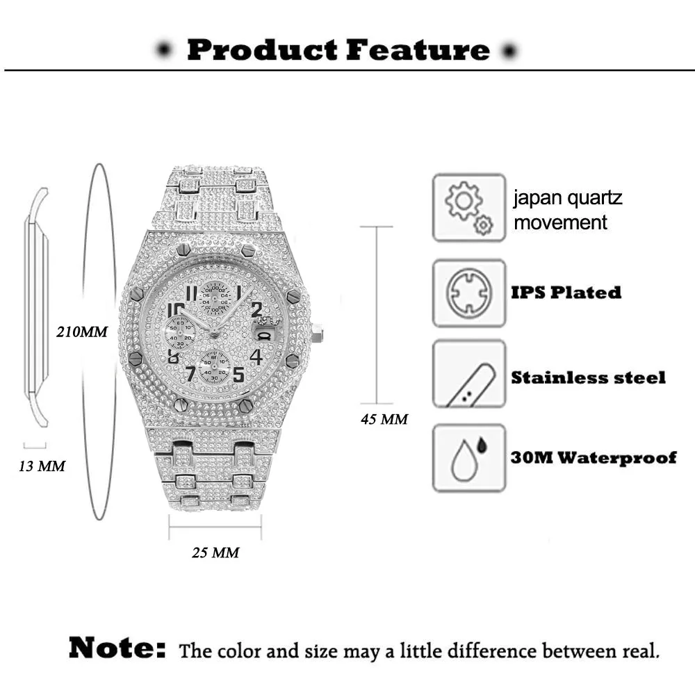 Fashion Brand MISSFOX Luxury Watches Men Automatic Date Waterproof Quartz Clock Hip Hop Iced Diamond Jewelry WristWatch Man 2023