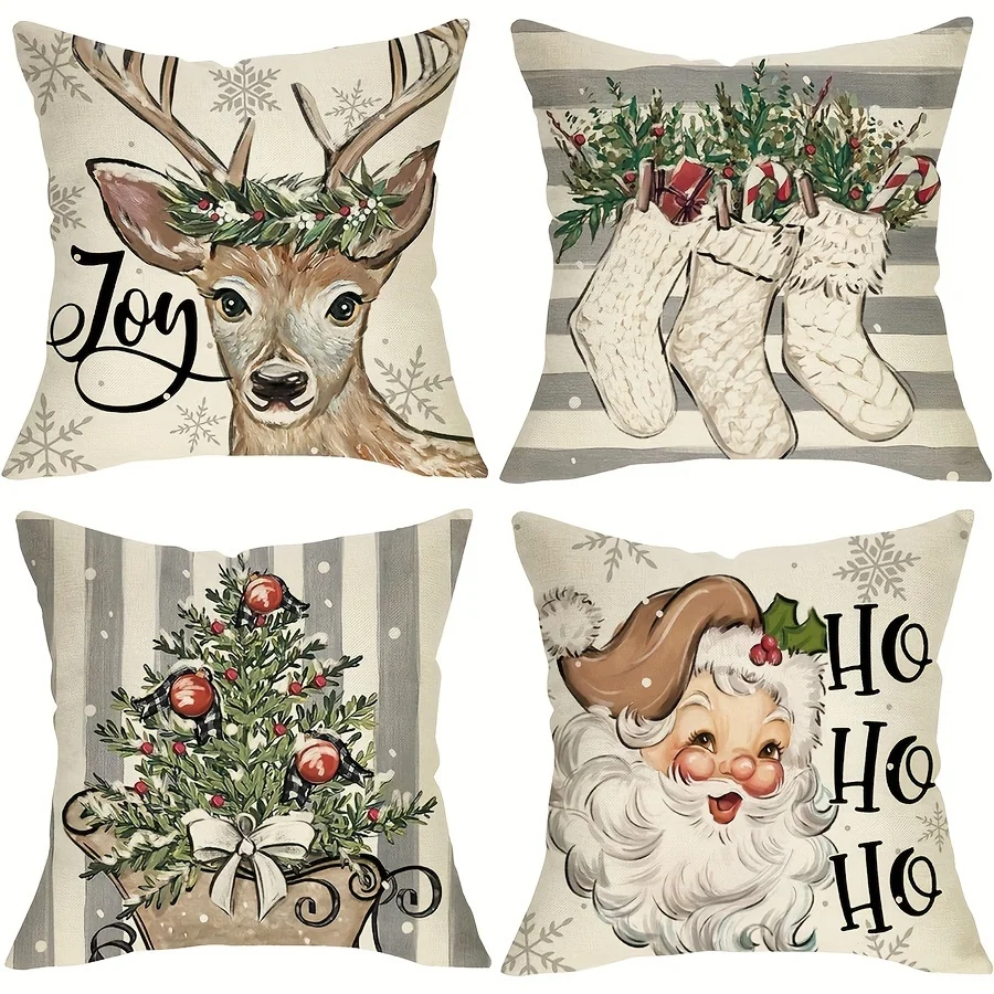 4pcs Christmas Pillow Covers – Santa & Reindeer Design for Modern Holiday Decor, Indoor/Outdoor Porch & Home Christmas Theme
