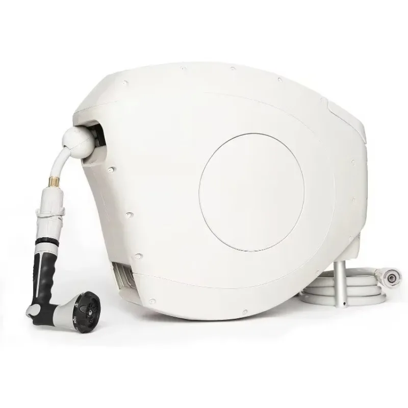 ضمان الأصالة. بكرة خرطوم حديقة أوتوماتيكية قابلة للسحب بطول 82 قدمًا، 9/16 بوصة، فوهة رش ذات 8 أنماط، خالية من الأشعة فوق البنفسجية