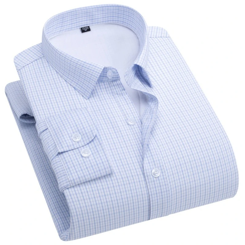 Men's Fleece-Lined Wool Blend Shirt, Lyocell Composite Warm, Business Casual, Blue Check White Black Stripe