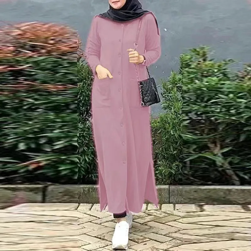 

2025 Новое исламское платье Абая, однотонное платье Ислам Абая, платье-рубашка, свободное женское платье с разрезом по бокам для Европы и Америки