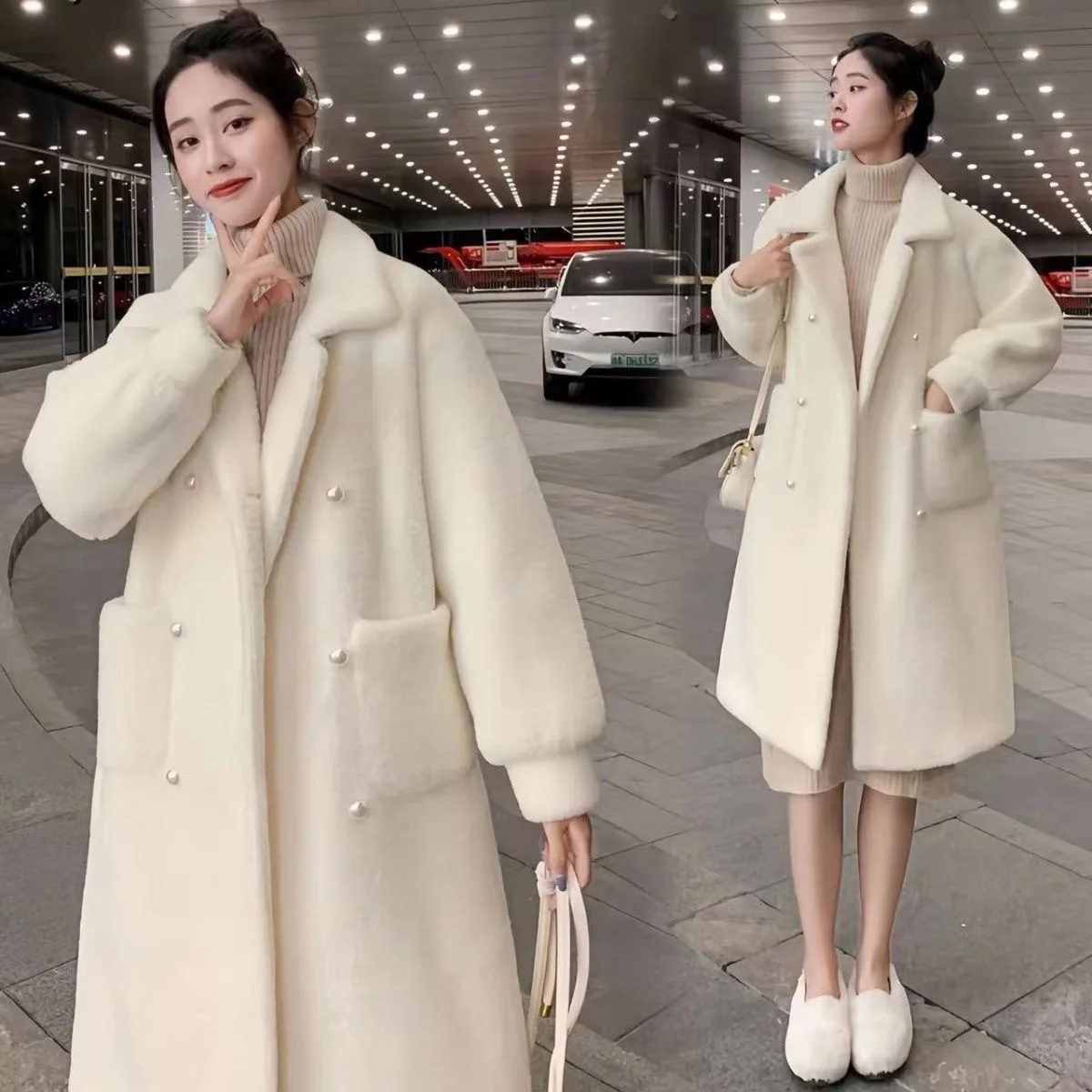 حجم كبير سميكة طويلة الوجهين الفانيلا الفراء سترة المرأة الخريف الشتاء الأبيض الاصطناعي المنك ملابس خارجية معطف صديقة للبيئة