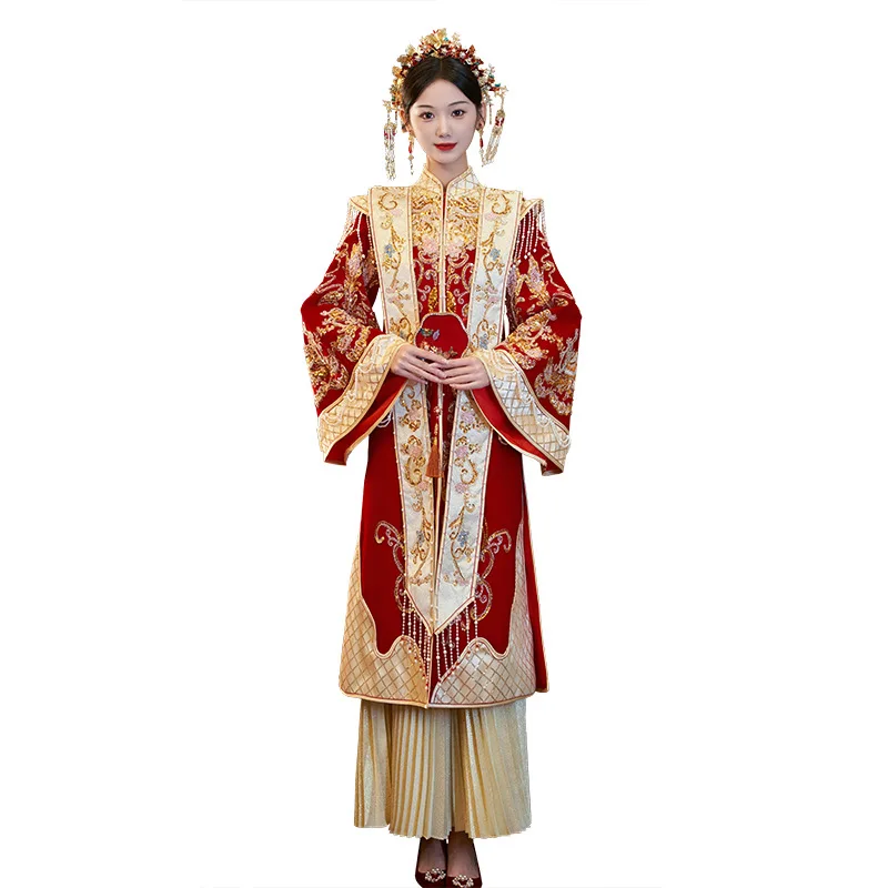 Xiuhe ropa de boda, atuendo de terciopelo, corona de Fénix, Xiapei Hanfu que sale del palacio, falda de dragón y Fénix