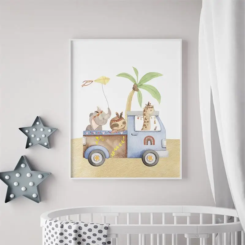 1PC frameless decorative art print,Car Giraffe Lion Elephant Monkey Jungle Animals Wall Art Canvas Painting Nordic Posters And P